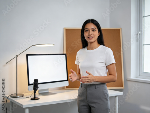 Woman presenting content at bright home studio desk