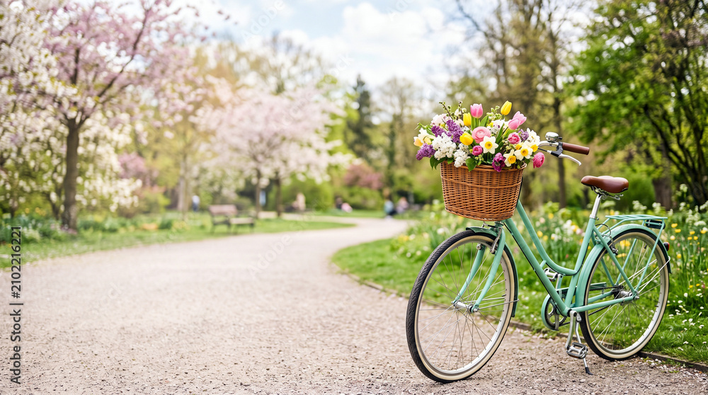 Fototapeta premium Vintage bicycle with flower basket in a park during spring
