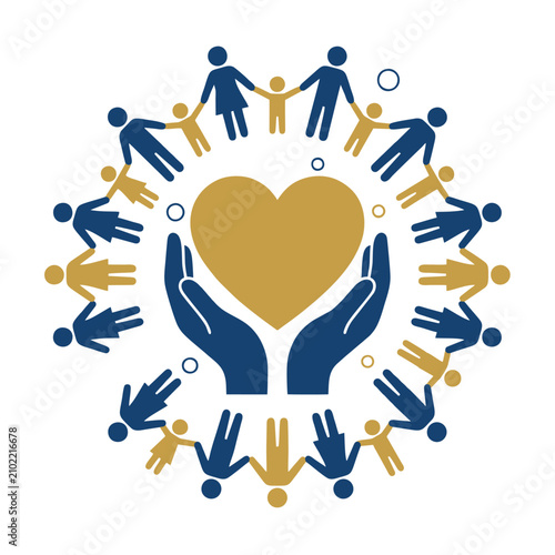 Diverse community members united in a circle holding hands around caring hands supporting a golden heart symbolizing global unity love compassion and togetherness for family and friends in a