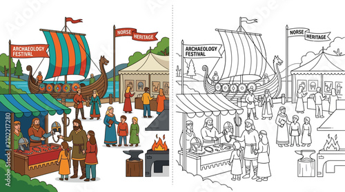 Quadro su tela Viking Festival Scene: Ships, Stalls, People, and Crafts