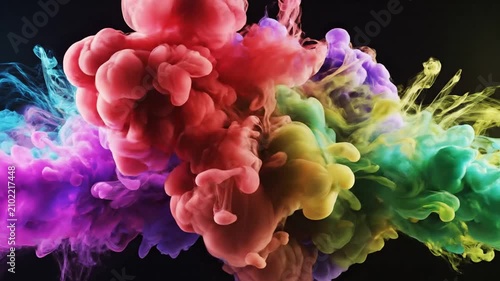 Vibrant blue purple orange ink clouds expanding in dark water