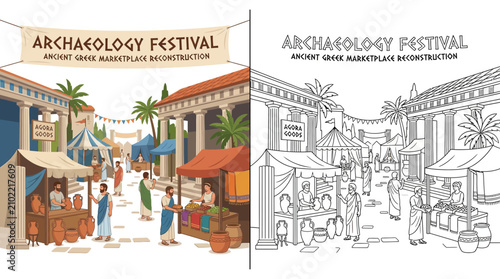 Fotografía Ancient Greek Marketplace Reconstruction: Archaeology Festival with People and S