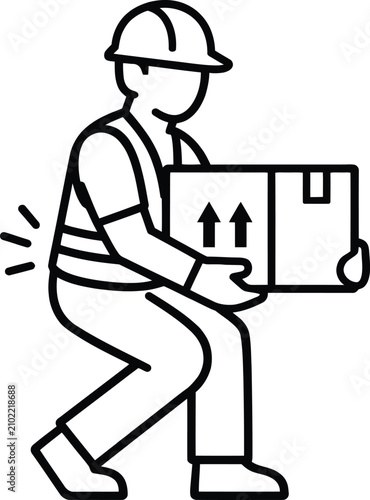 Worker lifting heavy cardboard box improperly showing back pain from physical labor injury.