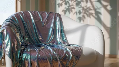 Modern White Armchair with Iridescent Fabric Drape and Tree Shadow Play