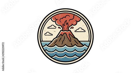 фотографія Volcano erupting in the ocean, retro style badge