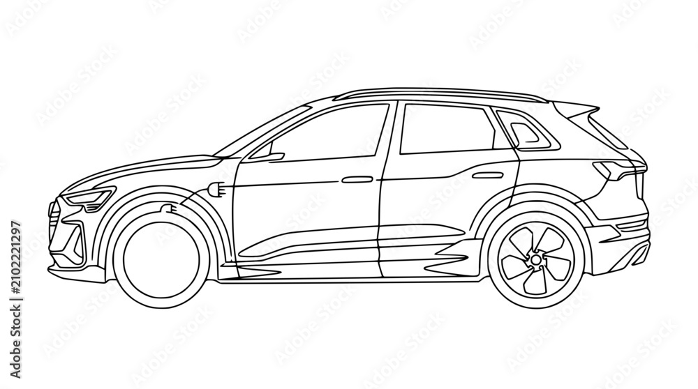 Fototapeta premium Modern Electric SUV Car Outline Drawing, Side View, Clean Lines, Vehicle Design Sketch