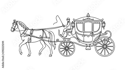 Cuadro en lienzo Elegant Horse Drawn Carriage with Coachman - Continuous Line Art Illustration