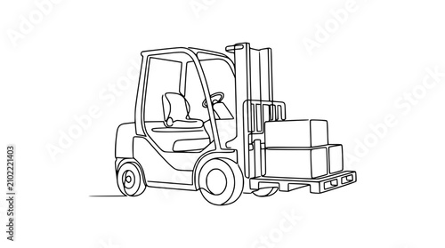 Continuous line drawing of a forklift truck carrying boxes on a pallet, industrial vehicle illustration