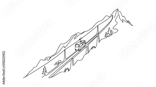 Quadro su tela Mountain Funicular Railway Ascending Steep Slope with Trees and Peaks