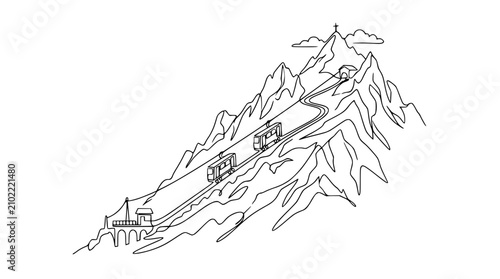 Tableau sur toile Funicular ascending steep mountain through tunnel with cross on peak, line art