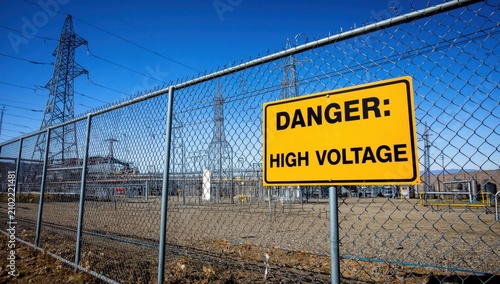 High voltage hazard, no entry sign at a power station.