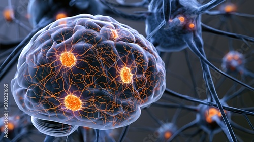 Multiple sclerosis neurological disorder medical illustration, autoimmune nervous system disease, myelin sheath damage, brain and spinal cord inflammation, neurodegenerative illness for science educat