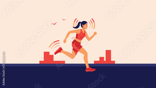 Canvastavla Woman jogging and running for fitness and health in abstract flat vector illustr