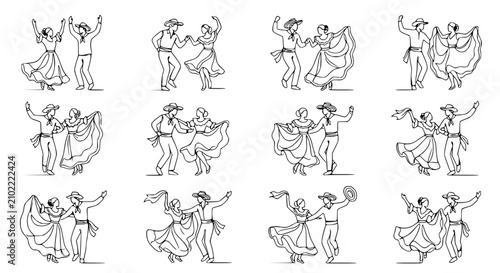 Foto Couple Dancing Folkloric Dance, Traditional Mexican Fiesta, Vector Line Art Illu