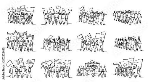 Принти на полотні Crowd Marching with Flags: Protest, Parade, Demonstration, Activism Line Art