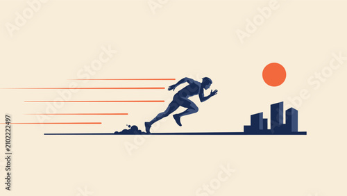 Cuadro en lienzo Graphic silhouette of a person running toward a modern city skyline at sunset sh
