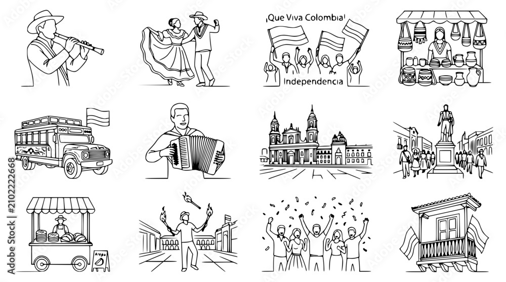Fototapeta premium Colombian Culture and Independence Day Celebration Icons Set