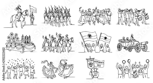Quadro su tela Historical Parade Scenes: Cavalry, Floats, and Crowds - Line Art Collection