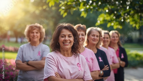 Women volunteering for breast cancer awareness smiling in line outdoors in a park.