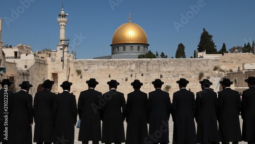 Ultra Orthodox Jews, yeshiva students, gathered near the Western Wall, Temple Mount, and Al Aqsa Mosque in Jerusalem's Old City, Israel.