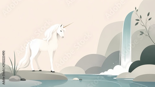Unicorn Beside a Tranquil Waterfall