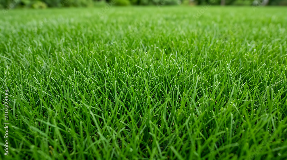 Obraz premium Vibrant Green Grass Field: A close-up, low-angle view of a lush, meticulously manicured green grass field, showcasing the texture and healthy growth of individual blades under soft natural light.