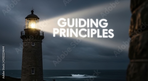 Neuroscience Research Ethics concepts. Lighthouse shining light over ocean at dusk with guiding principles text symbolizing leadership vision and direction for success and motivation