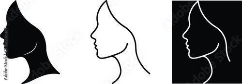Woman face profile silhouette icon set featuring beautiful female head side view in solid line outline and inverted vector.