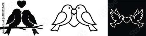 Bild auf Leinwand Love birds couple romantic icon set featuring heart dove pigeon on branch line outline solid glyph and inverted style vector
