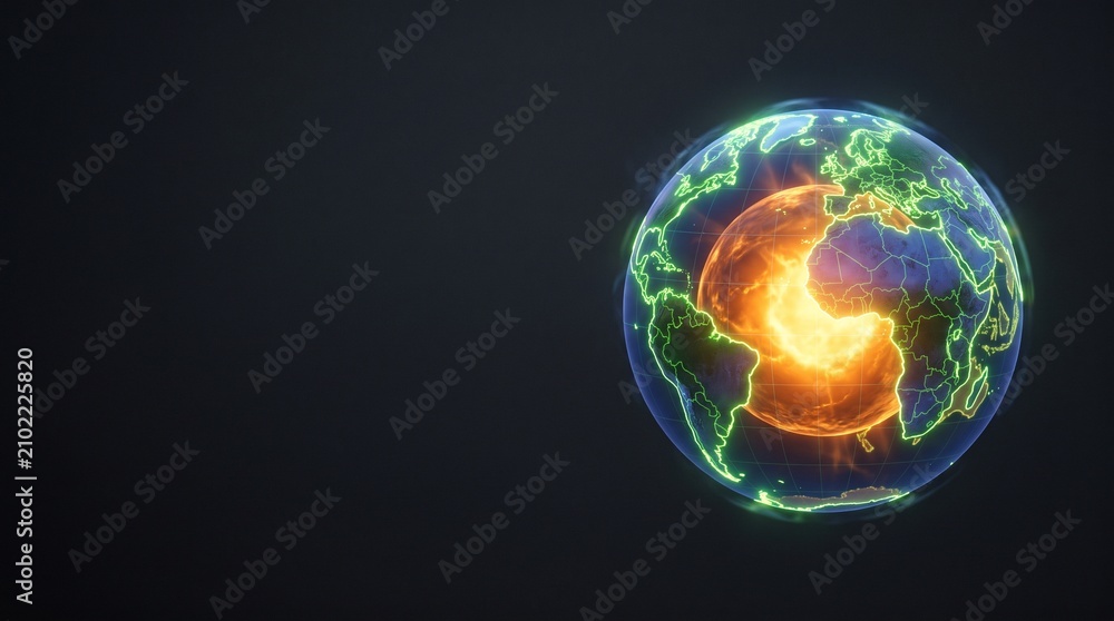 Obraz premium Glowing Earth Core Cutaway Inside Planet with Global Map 