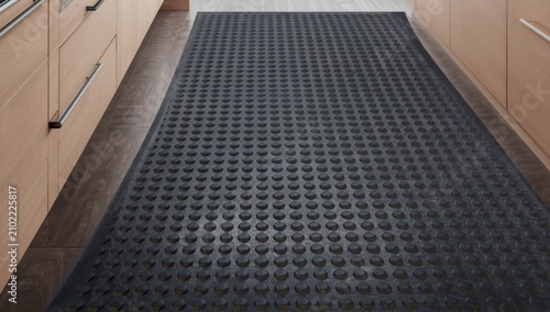 Rubber anti-fatigue mats with evenly spaced circular drainage holes form a textured design.