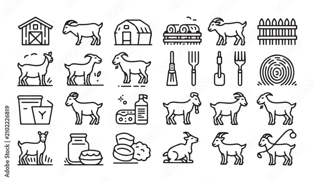 Obraz premium Goat farm icon set with livestock breeding equipment and agricultural elements for rural business silhouettes.