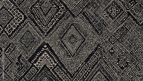 Textured fabric of Bedouin Al sadu carpet featuring Aztec geometric designs in black and grey for a continuous background. Islamic rug setting. Woven pattern blanket. Tribal Arab desert textile.