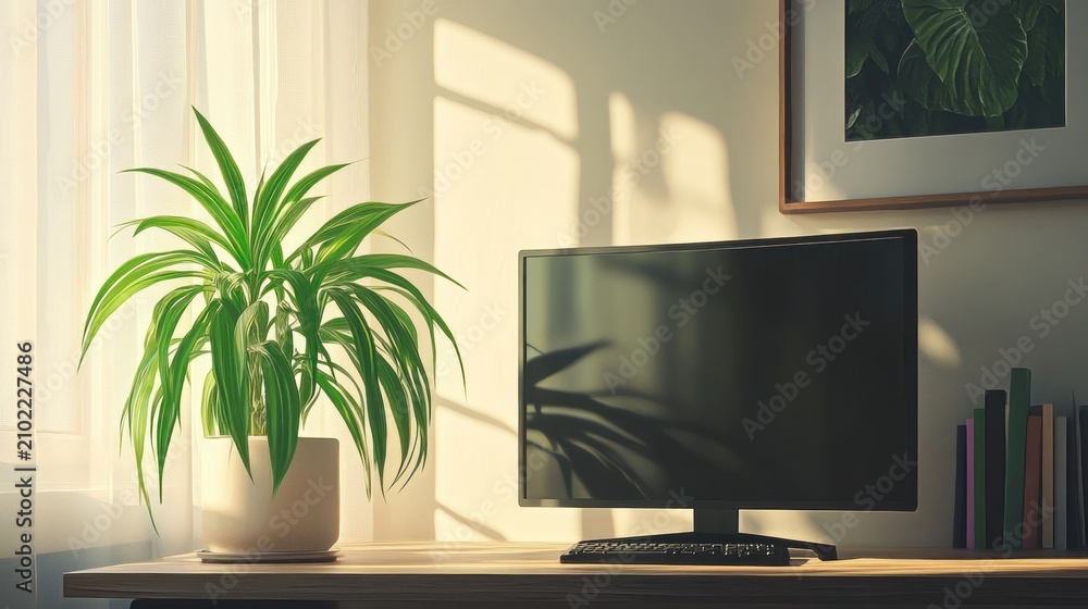 Fototapeta premium A home office workspace with a plant and computer monitor.