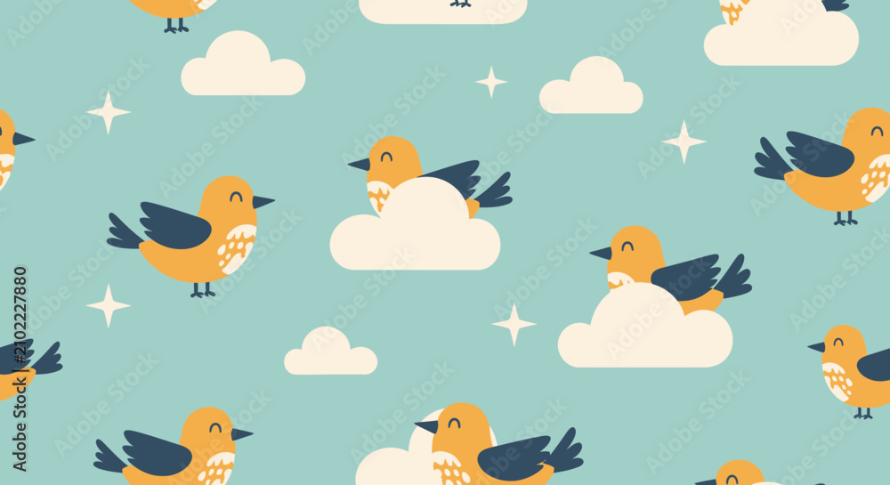 Obraz premium Seamless Pattern Background Featuring Cute Yellow Birds Flying Among Soft Fluffy Clouds and Glowing Stars in a Whimsical Sky Illustration
