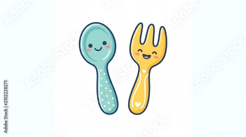 A cute cheerfull vector fork and spoon icon with smile character on it, isolated on clean white background.