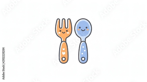 A cute flat vector fork and spoon icon with smile character on it, isolated on clean white background.