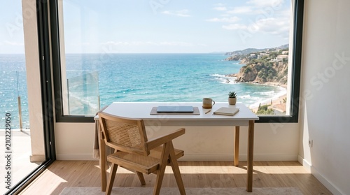 Modern home office with laptop and ocean view desk setup end of year vacation