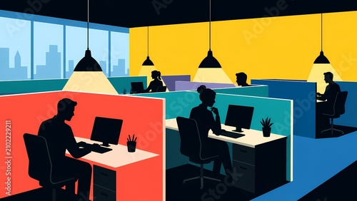 Colorful Cubicle Office with Silhouetted Employees