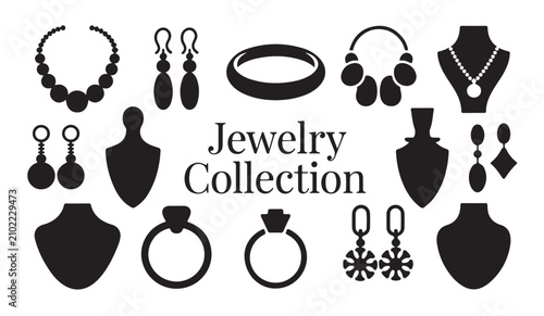 Cuadro en lienzo Jewelry collection vector illustration with various accessories and text 'jewelry collection' in middle