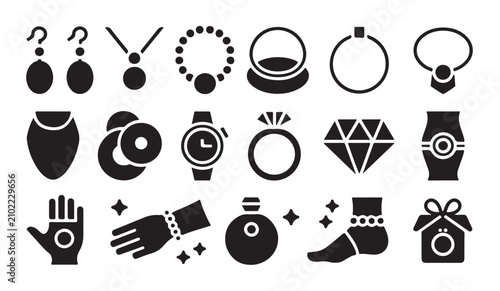 Foto Accessories and body jewelry icons with watch diamond ring bracelet anklet and perfume bottle vector set art