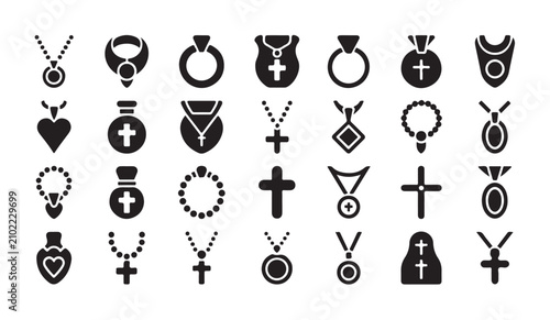 Photos Religious jewelry set with crucifix pendants rosary beads and ornate cross necklaces in flat black style icons