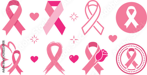 Fotografía Pink ribbon vector icon set for breast cancer awareness month with heart rose butterfly wing and badge graphics