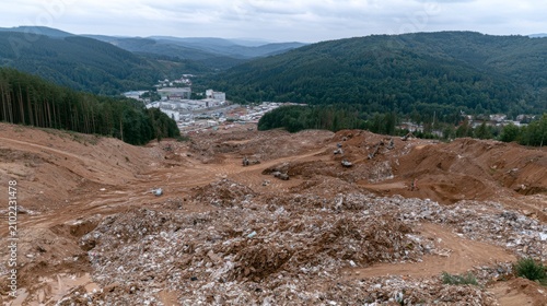 Vast Expanses of Landfilled Waste Overlooking a Scenic Forested Valley with Industrial Buildings in the Background Amidst Overcast Skies