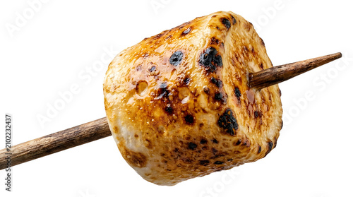 Perfectly Toasted Marshmallow: A single, golden-brown marshmallow, expertly toasted to perfection with caramelized edges, is skewered on a wooden stick, ready to be enjoyed.