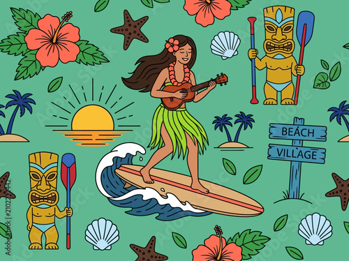 Hawaiian Seamless Pattern with Surfing Hula Girl, Tiki Statues, and Tropical Beach Elements