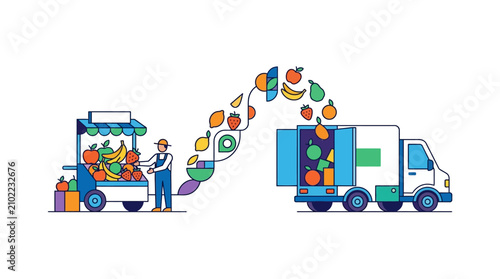 A flat vector illustration depicts a farmer loading fresh colorful fruits from a market stall into the back of a delivery truck.