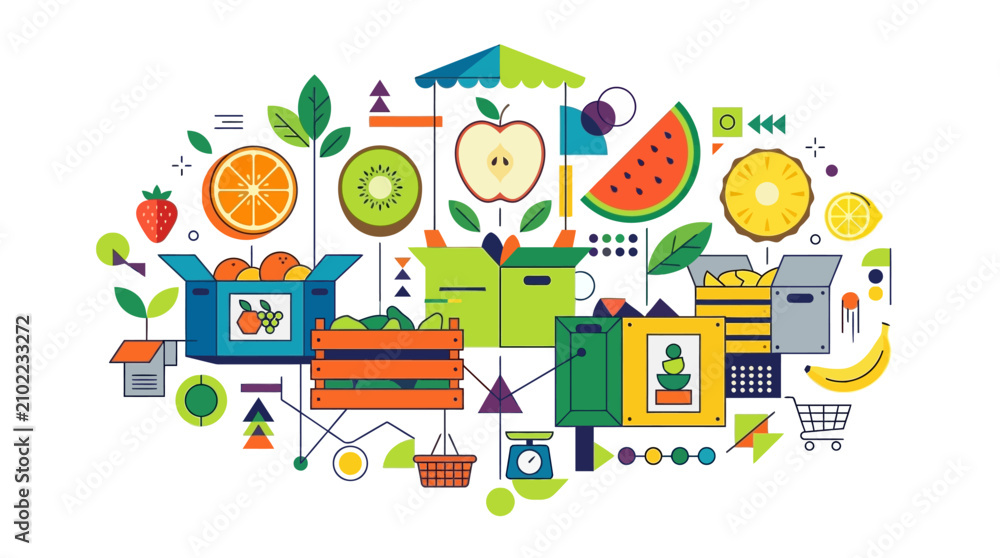 Naklejka premium A vibrant flat vector illustration depicts a variety of fresh fruits arranged in crates and boxes with geometric shapes on a white background.
