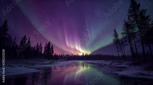 Slow Motion Pan of Northern Lights Dancing Above Pine Forest and Frozen River