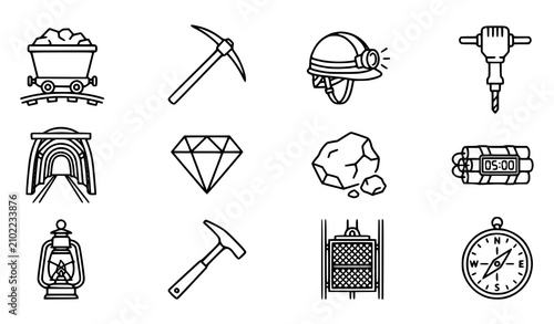 Underground mining linear icons with editable stroke mine extraction gold minerals vector